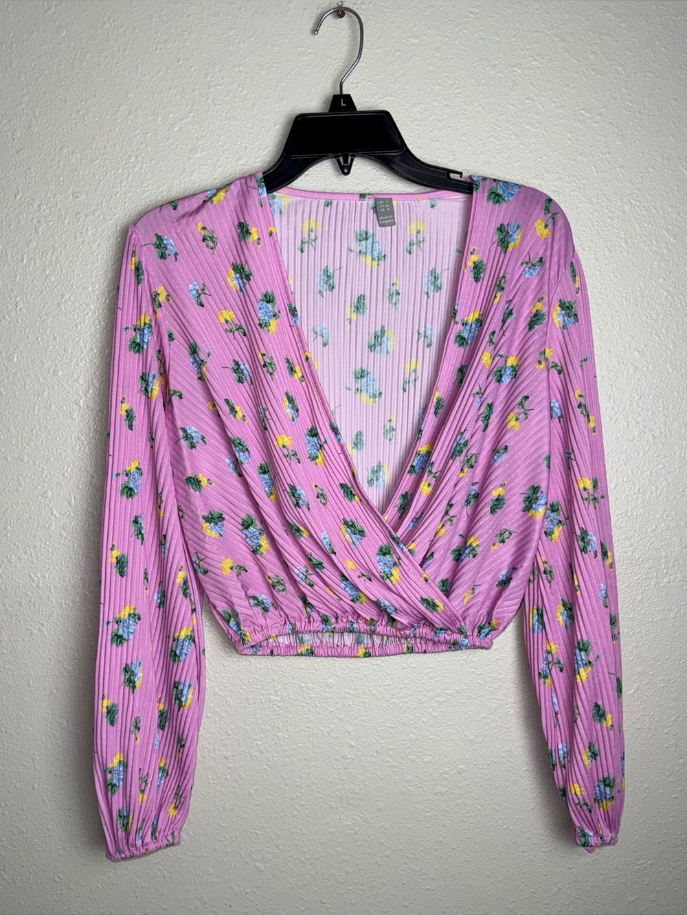 ASOS Pink Floral Ribbed Wrap Crop Top Long Sleeve